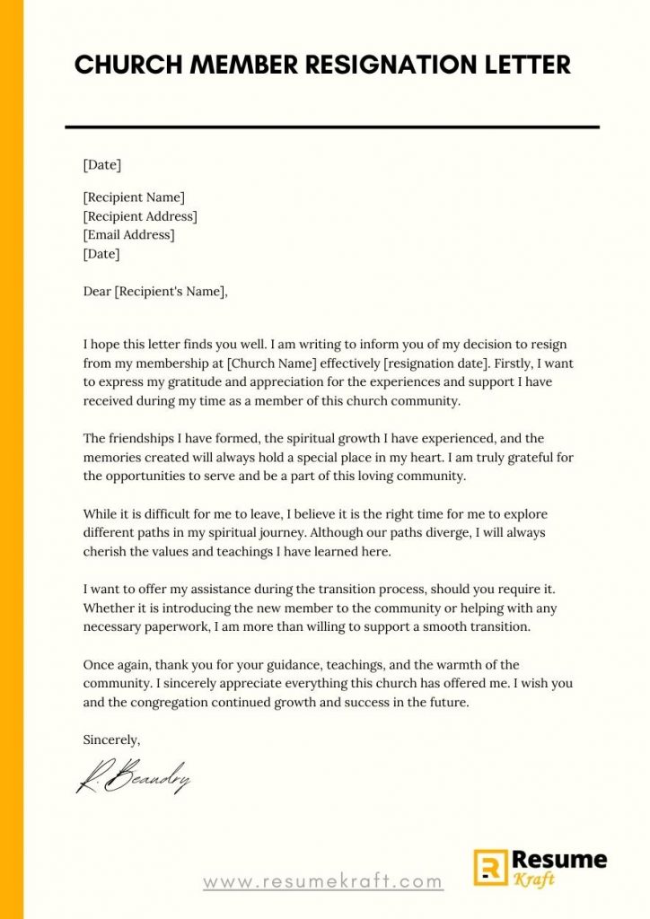 Church Member Resignation Letter (With Samples) 2023 - ResumeKraft