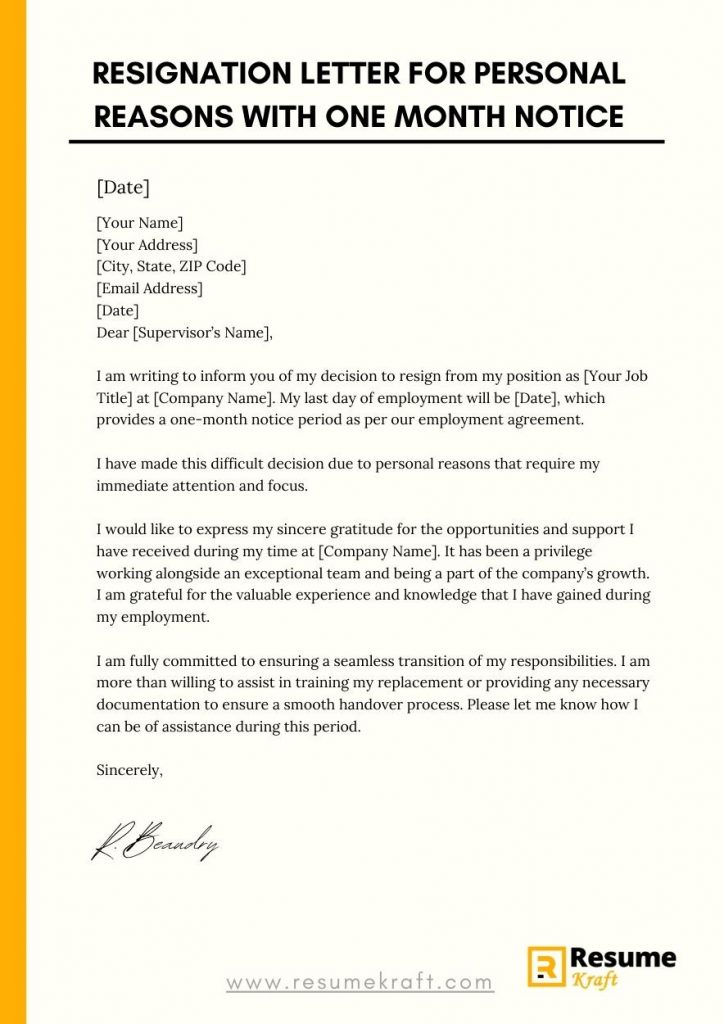 Resignation Letter For Personal Reasons With One Month Notice 2023 