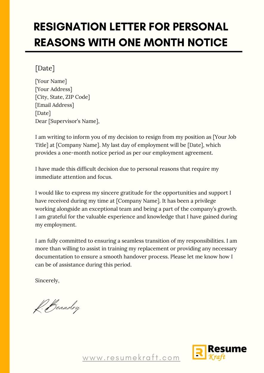 Resignation Letter For Personal Reasons With One Month Notice 2023 