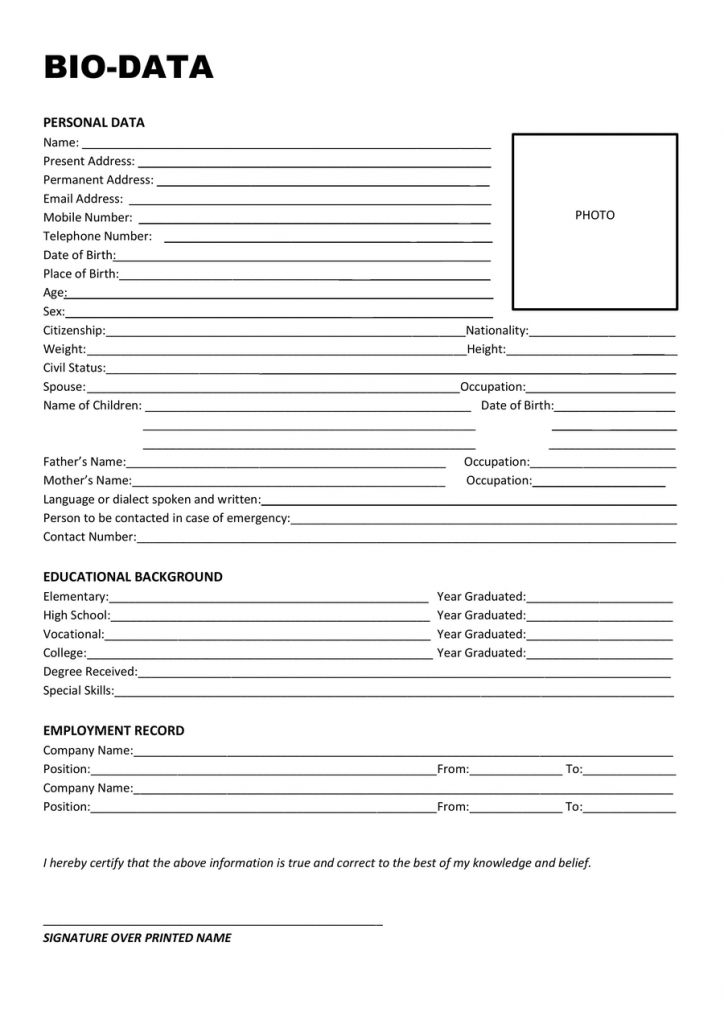 Blank biodata Form