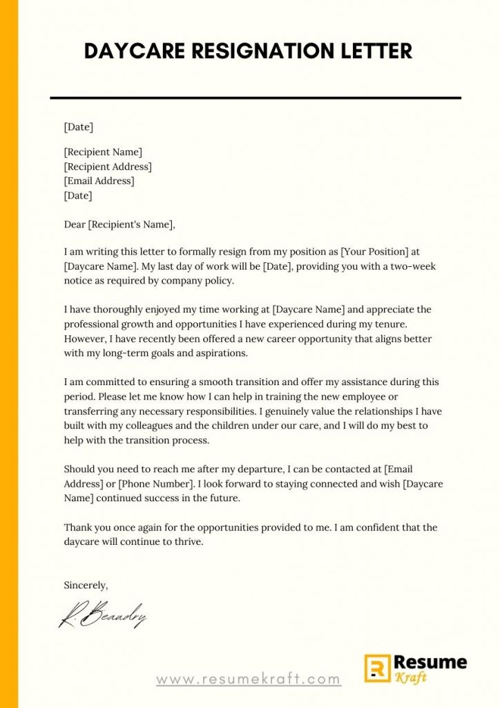 How To Write A Daycare Resignation Letter With Samples 2023 ResumeKraft   Daycare Resignation Letter 724x1024 