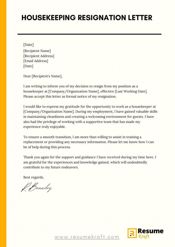 Housekeeping Resignation Letter With Samples 2023 ResumeKraft