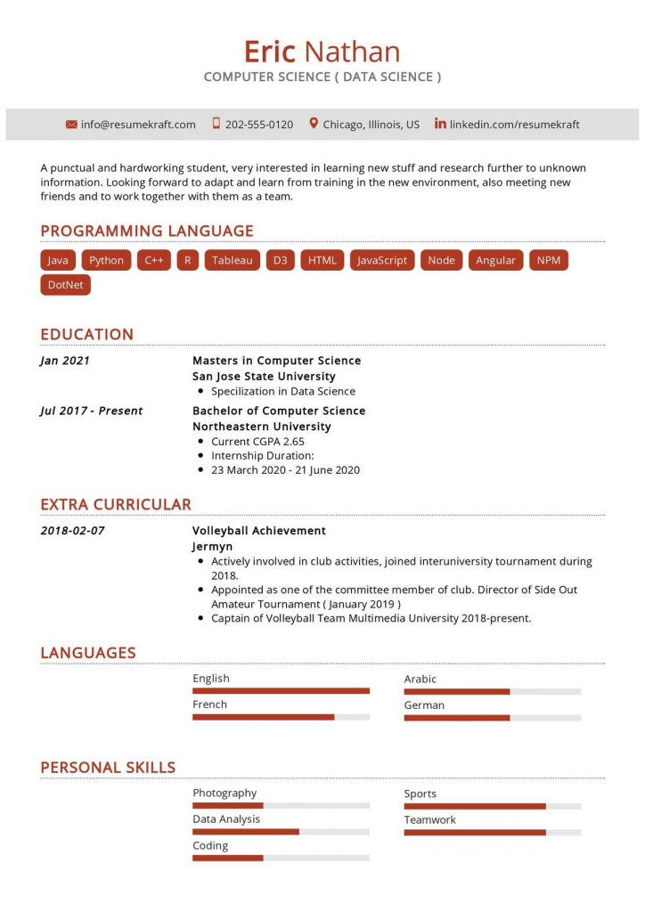 resume format for freshers undergraduate students