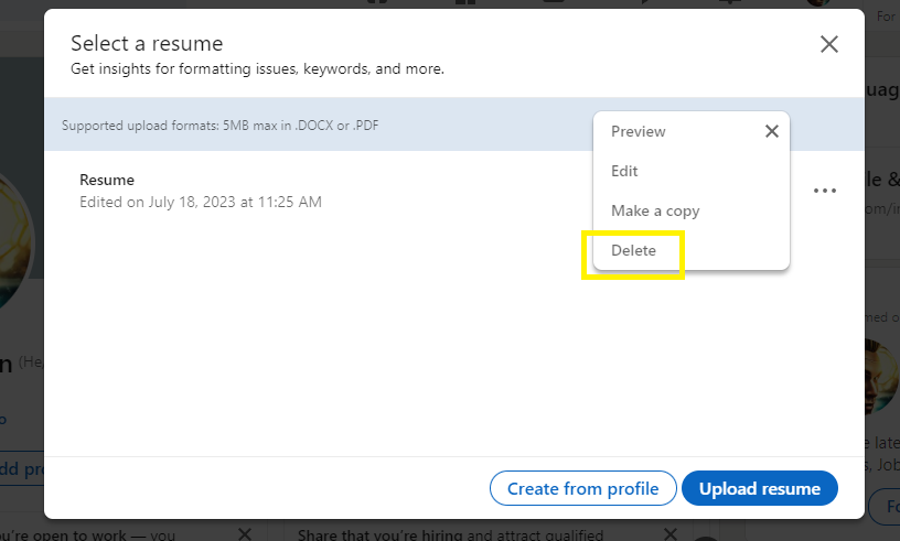 how to remove resume from linkedin