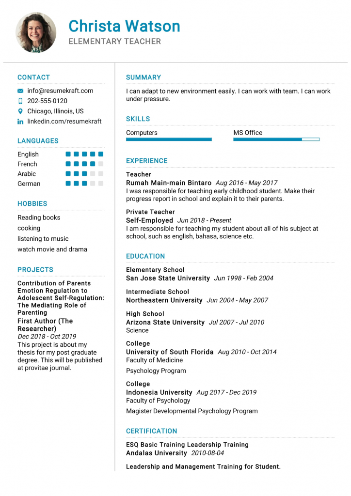 resume format for school teacher jobs for freshers