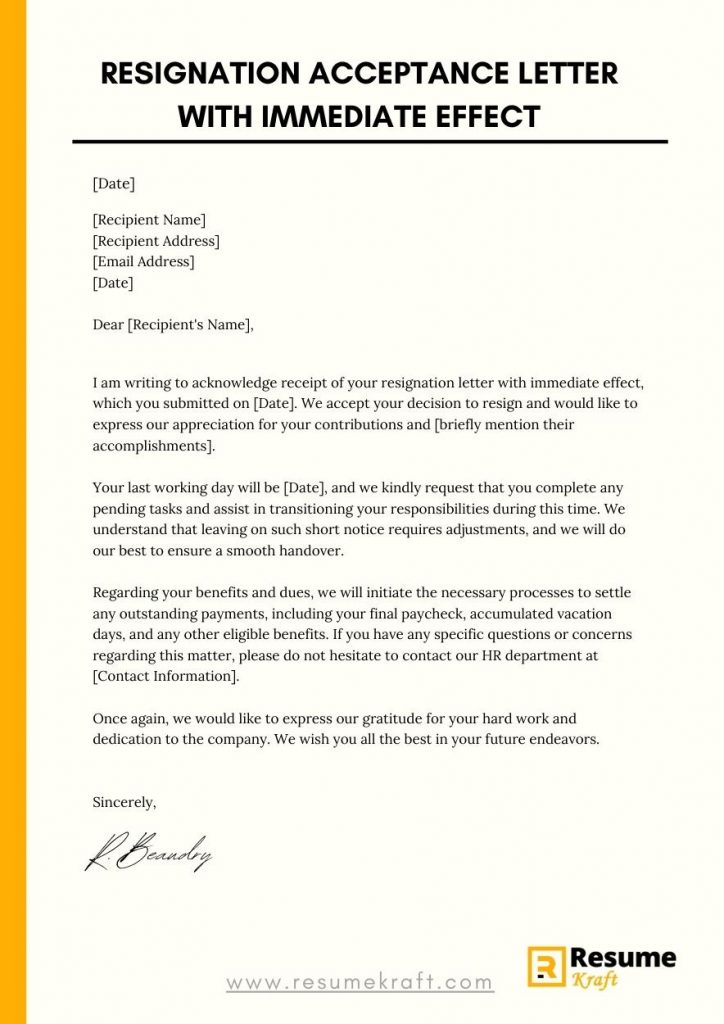 How To Write A Resignation Acceptance Letter With Immediate Effect 