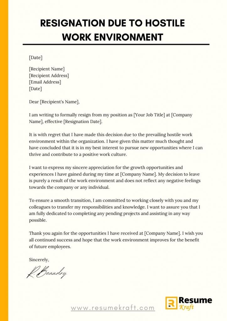 Resignation Letter Due To Hostile Work Environment With Sample Letters 
