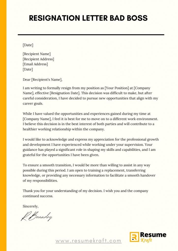 Resignation Letter To A Bad Boss With Sample 2023 Resumekraft 