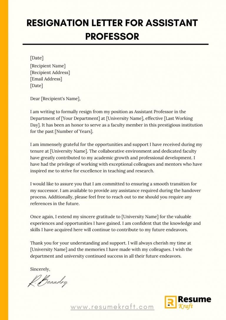 Resignation Letter for an Assistant Professor (With Samples) 2023 ...