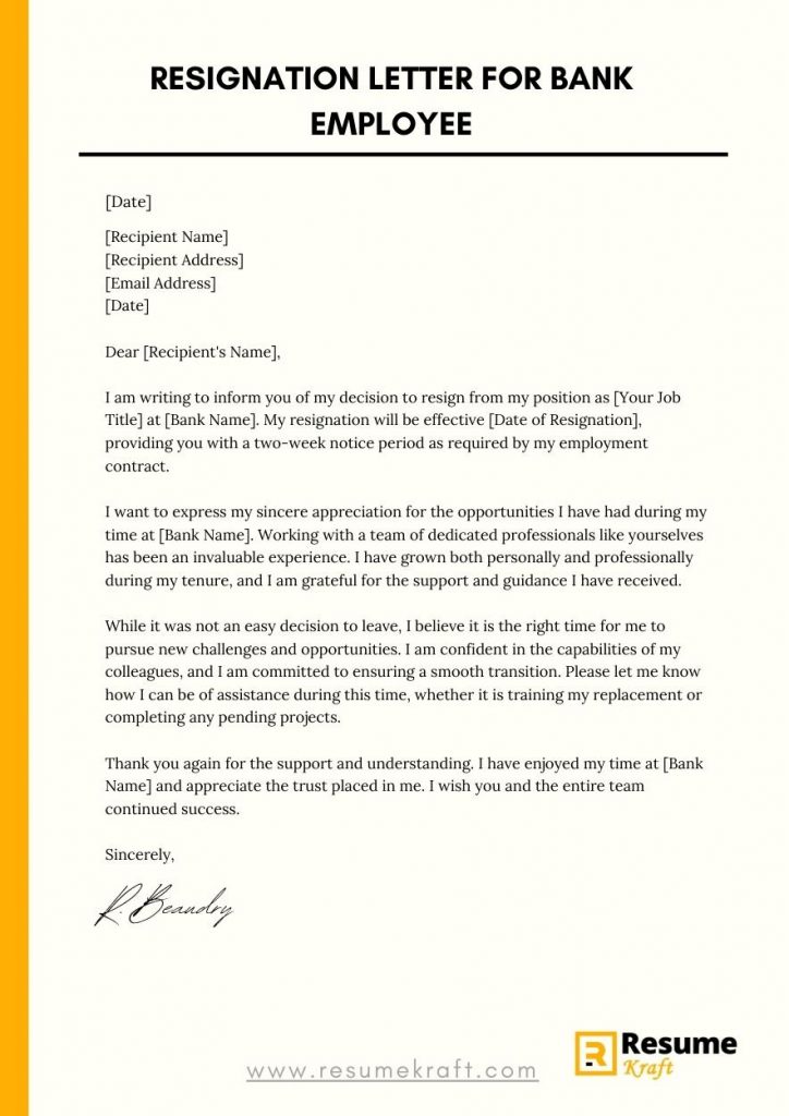 Resignation Letter For Bank Employees With Samples 2023 ResumeKraft