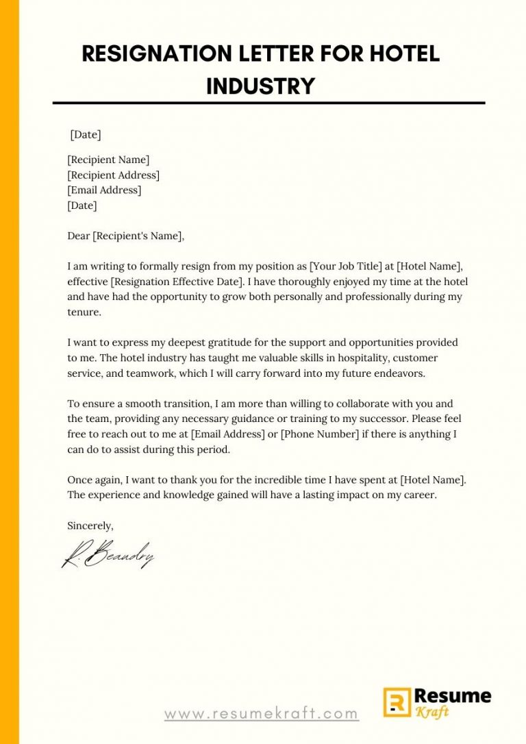 hotel resignation letter word format free download