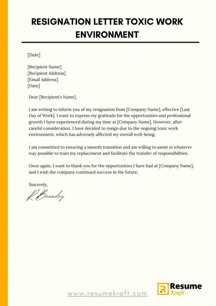 Resignation Letter Due To Hostile Work Environment Template