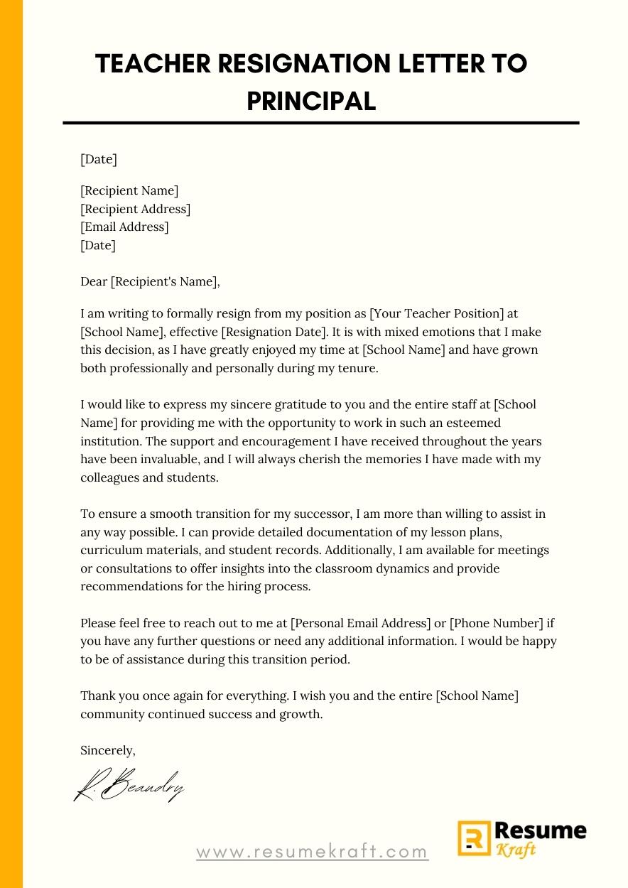 Principal Resignation Letter   Teacher Resignation Letter To Principal 