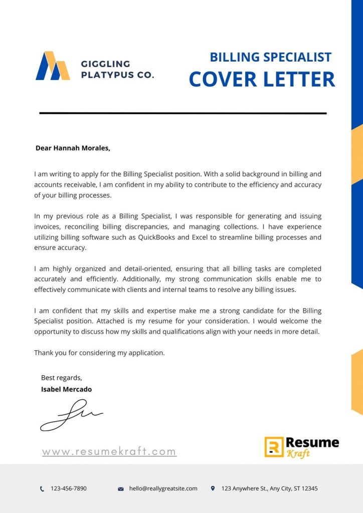 5 Billing Specialist Cover Letter Examples 2023 ResumeKraft   Billing Specialist Cover Letter 724x1024 