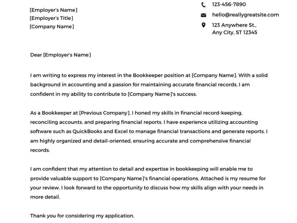 Bookkeeper Cover Letter