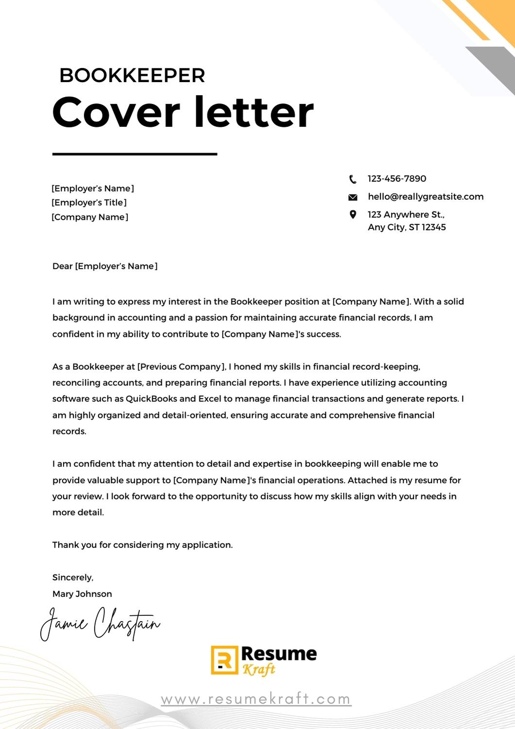 5 Bookkeeper Cover Letter Examples And Templates 2023 ResumeKraft