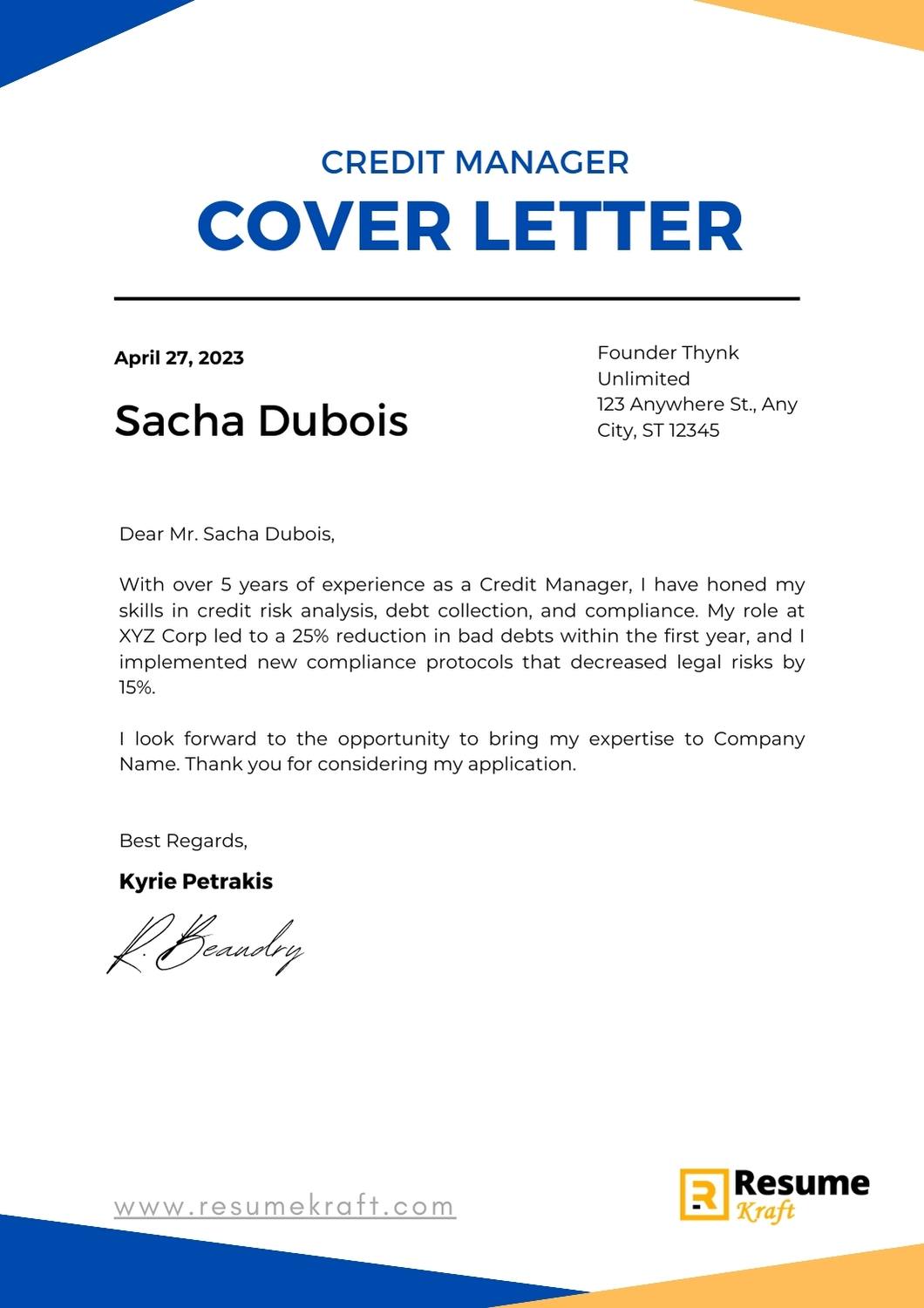 best cover letter for credit manager job