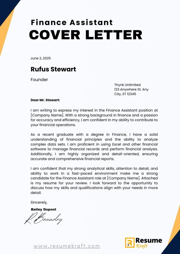 sample of cover letter for finance assistant