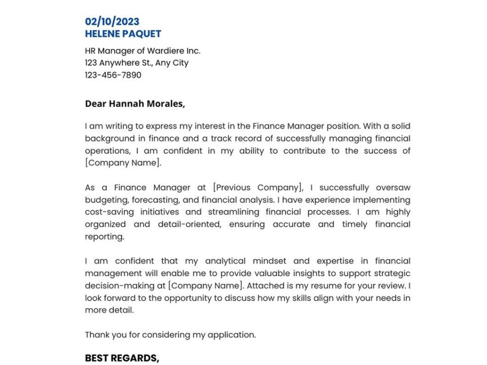 Finance Manager Cover Letter