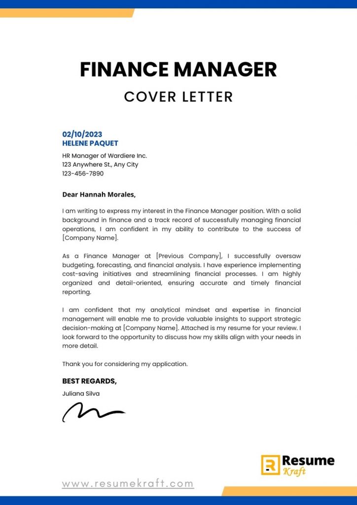 cover letter finance manager example