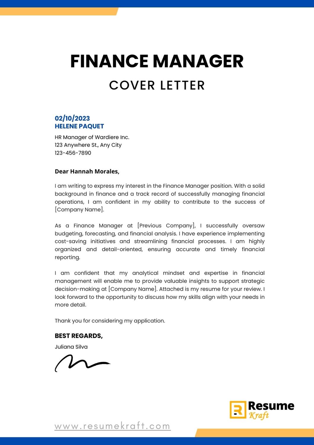 short cover letter for finance job