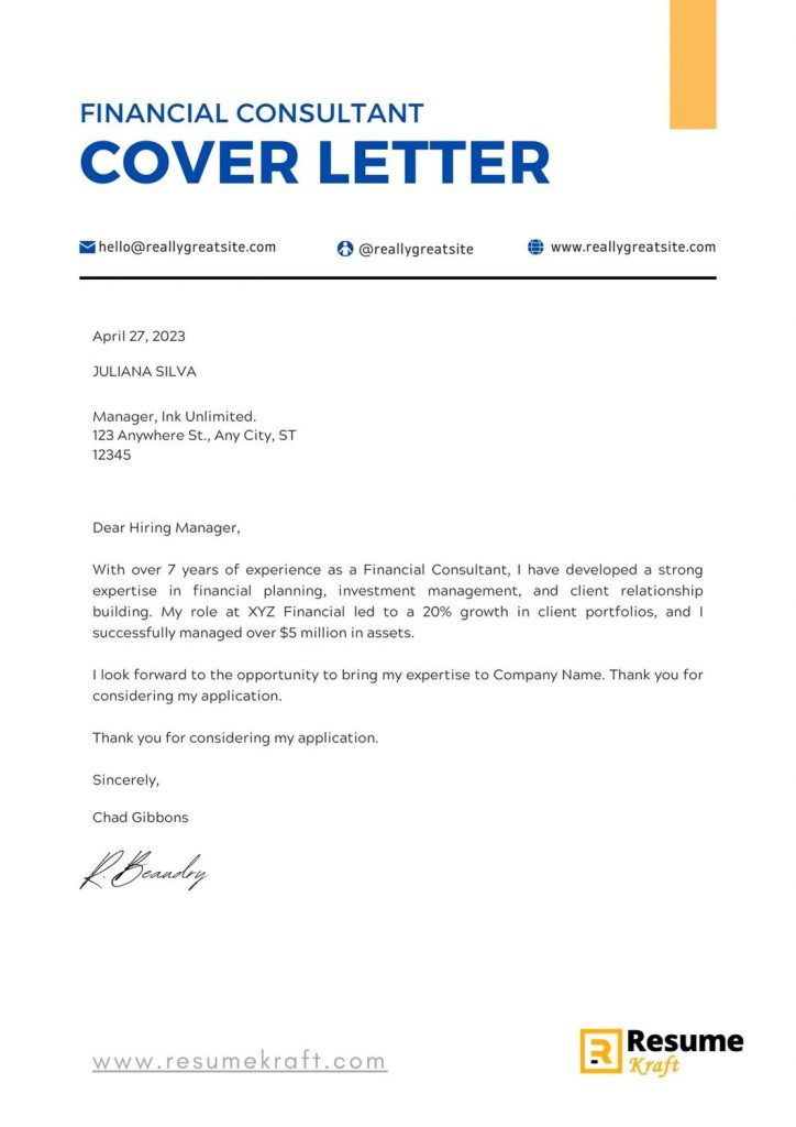 financial consultant application letter example