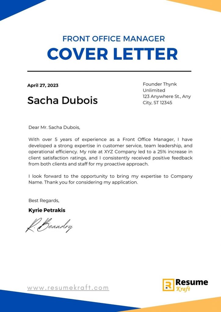 sample cover letter for front office manager
