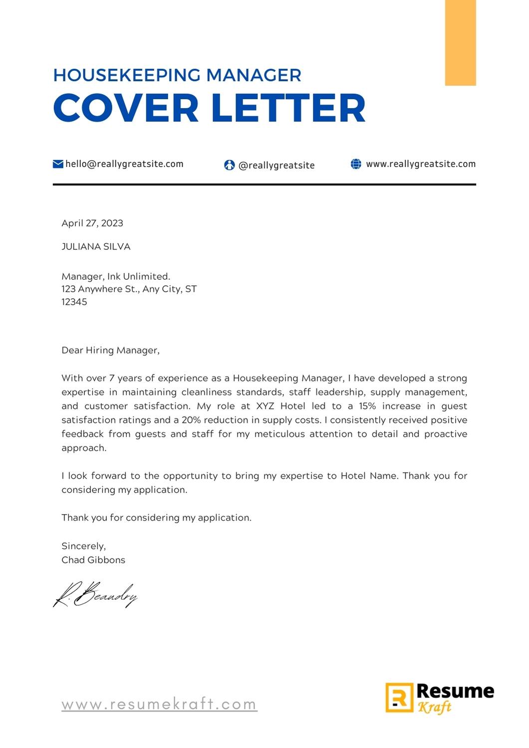 sample cover letter as housekeeping