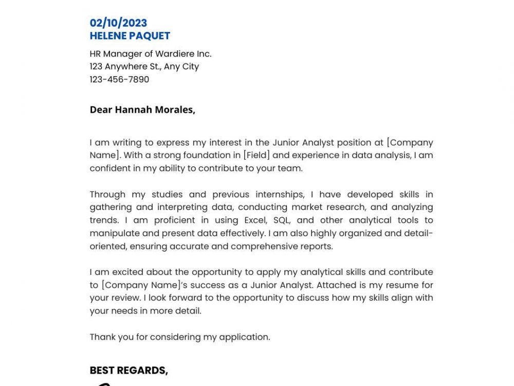 Junior Analyst Cover Letter