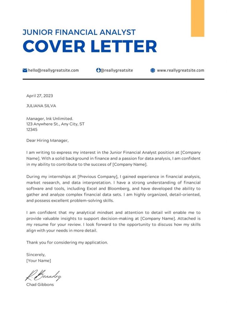 cover letter junior financial manager