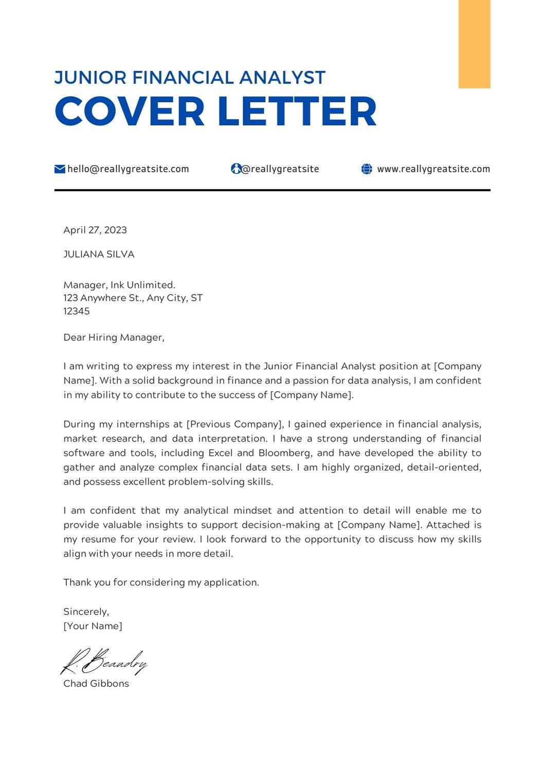 cover letter junior financial analyst