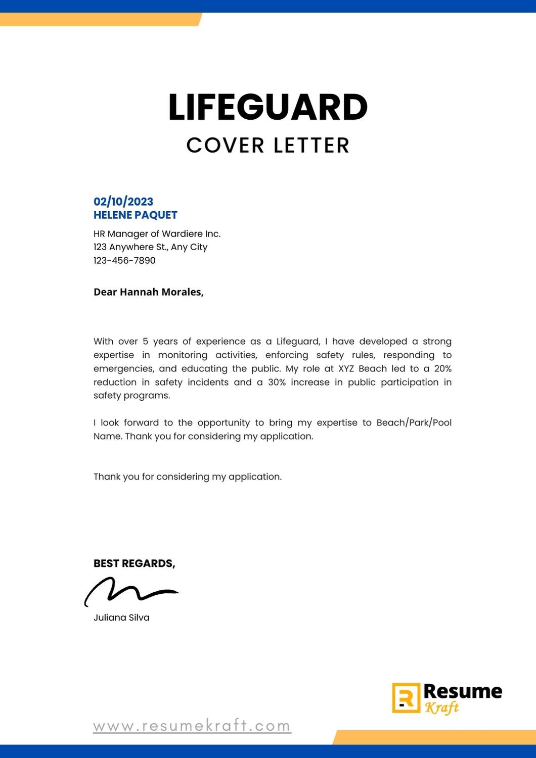 5 Copywriter Cover Letter Examples Templates In 2024 ResumeKraft   Lifeguard  Cover Letter 