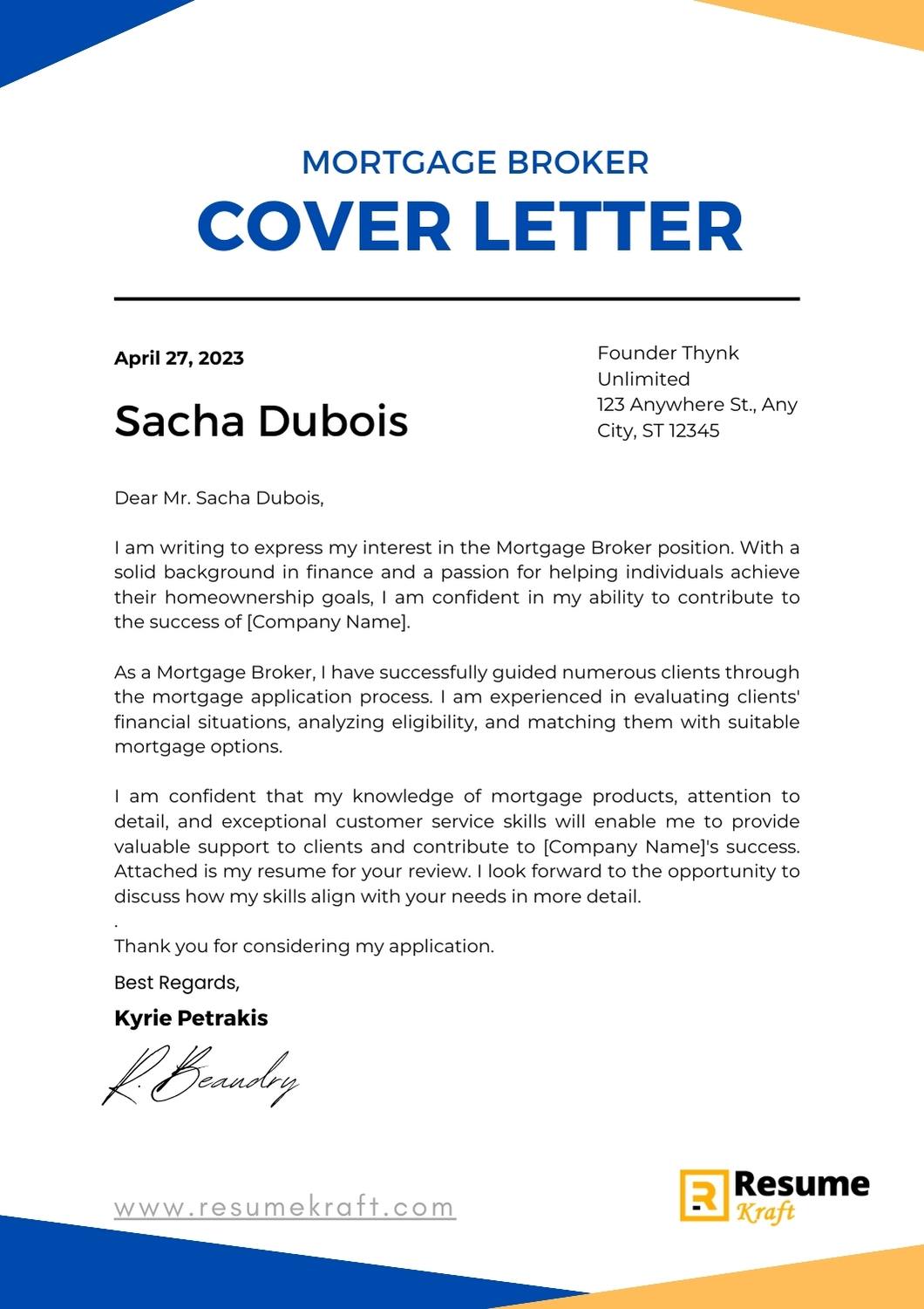 4 Mortgage Broker Cover Letter Examples And Templates 2023 ResumeKraft   Mortgage Broker Cover Letter 