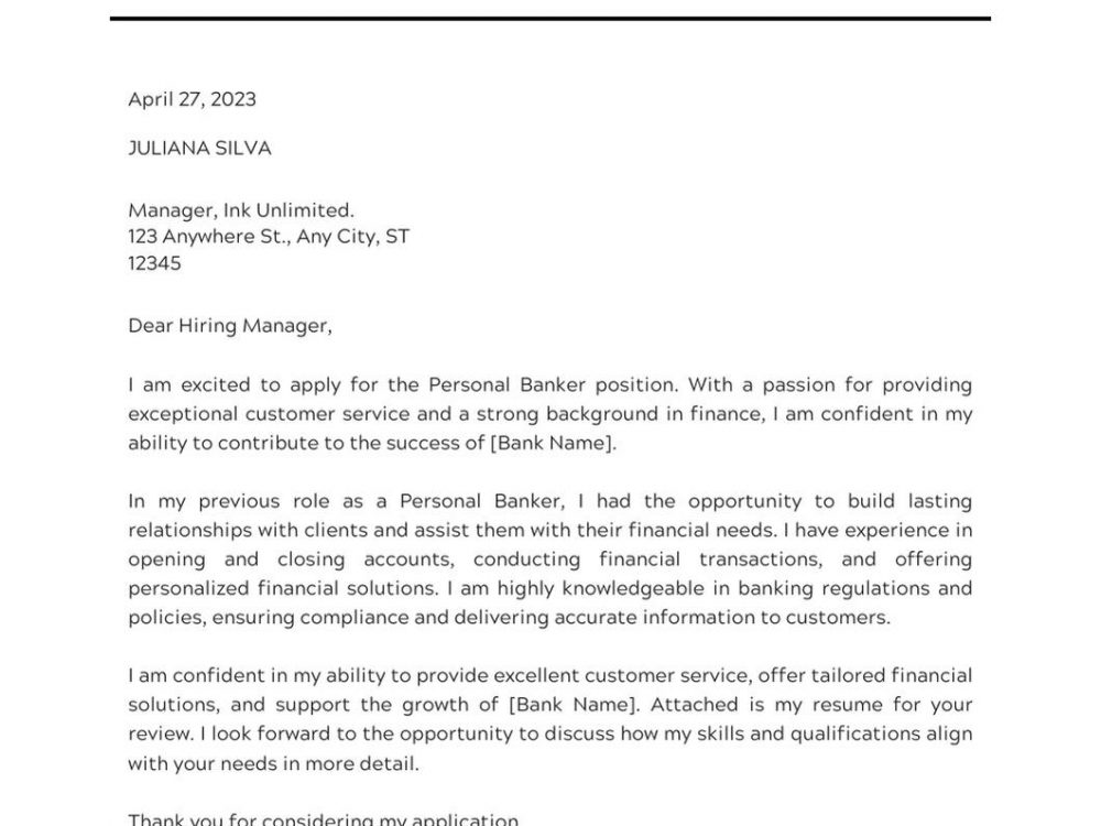 Personal Banker Cover Letter