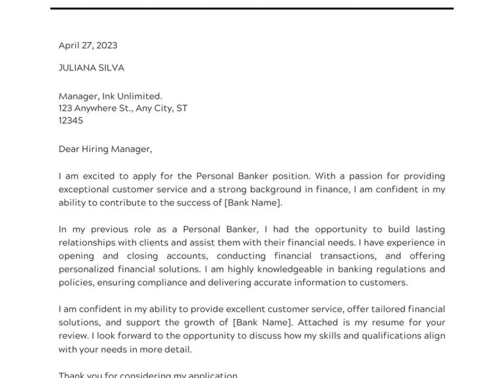 personal banker cover letter no experience