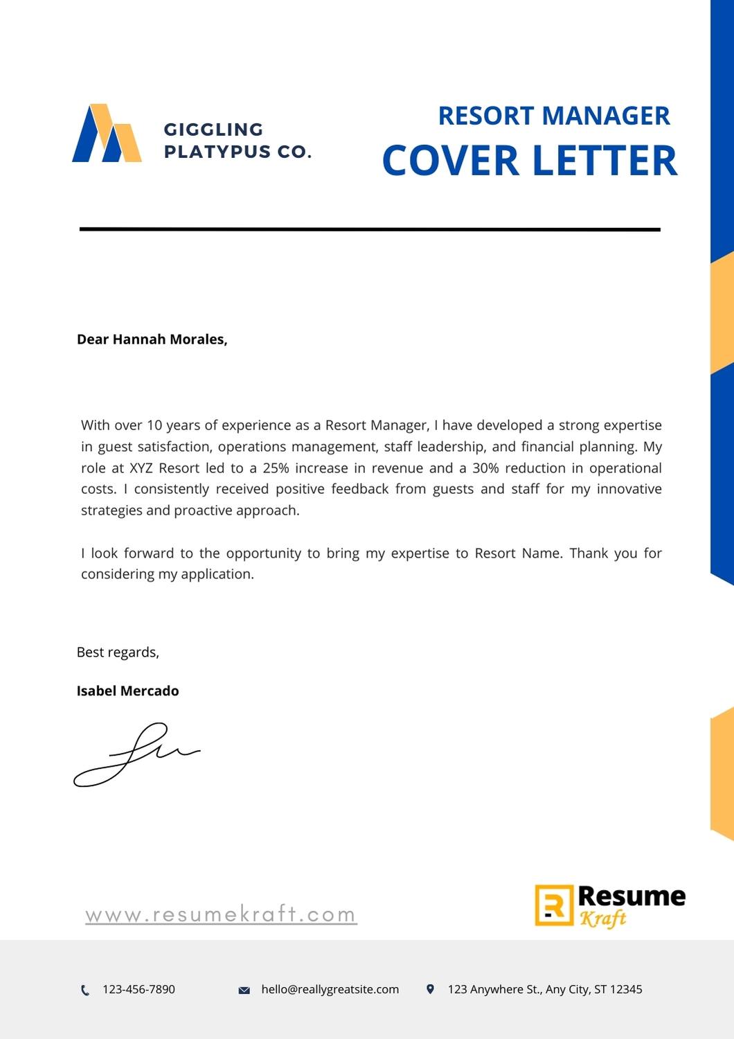 resort manager cover letter examples