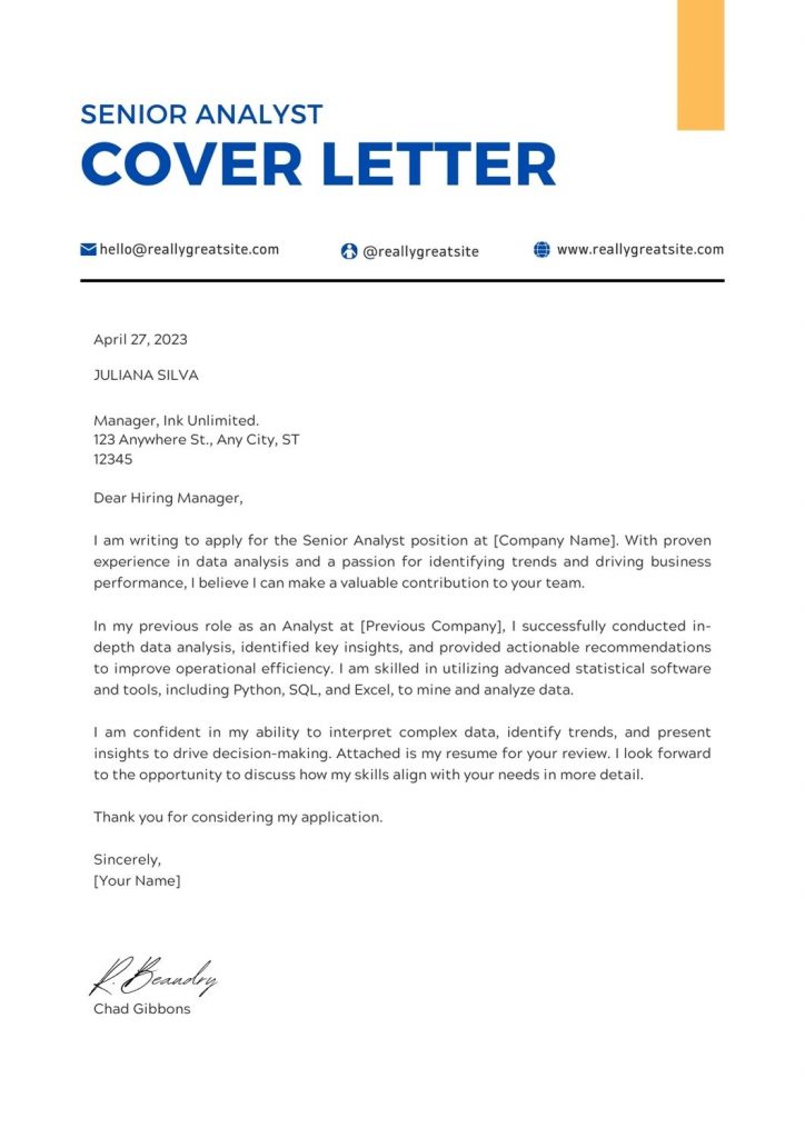 Senior Analyst Cover Letter
