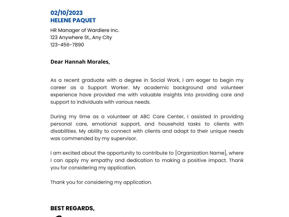 Support Worker Cover Letter