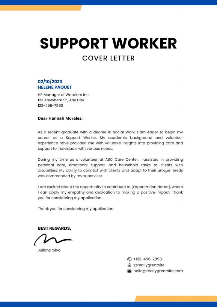 Support Worker Cover Letter