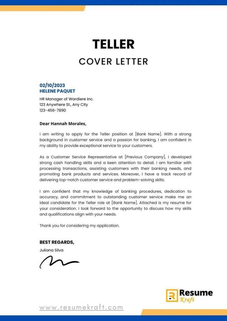 cover letter for part time teller