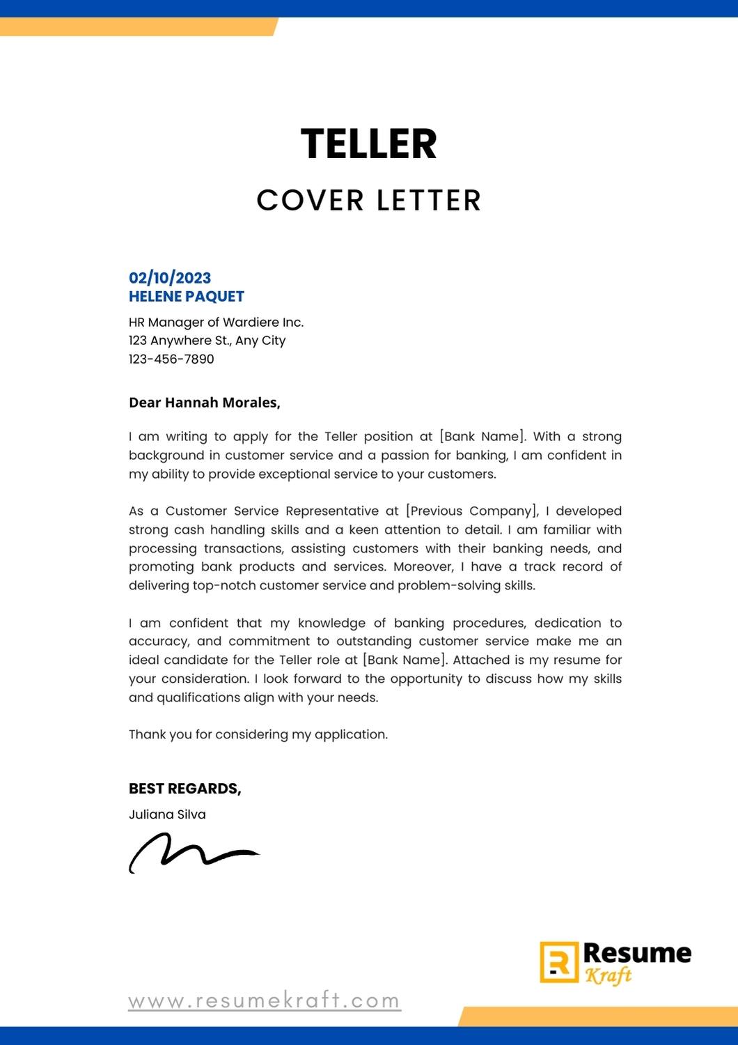 cover letter for bank teller example