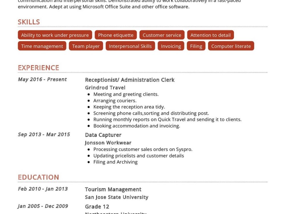 Administration Clerk Resume Example