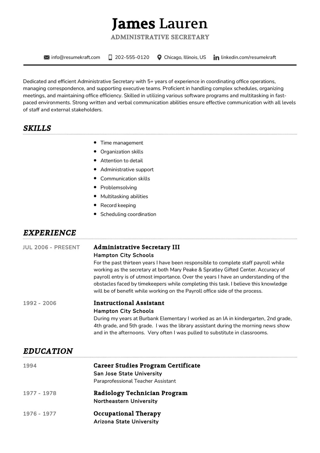 resume summary examples for administrative secretary