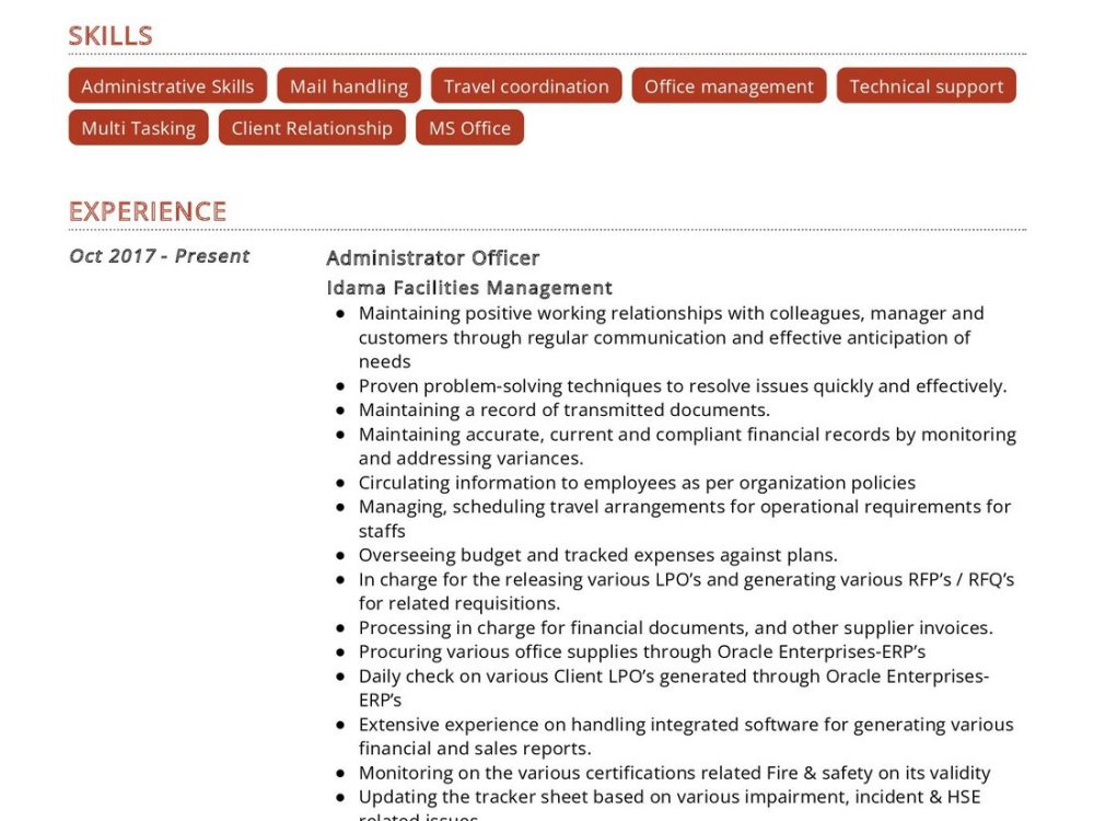 Administrator Officer Resume Sample
