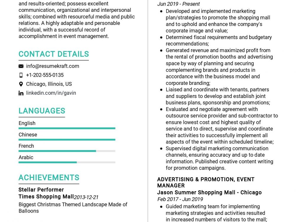 Advertising and Promotions Manager Resume Sample