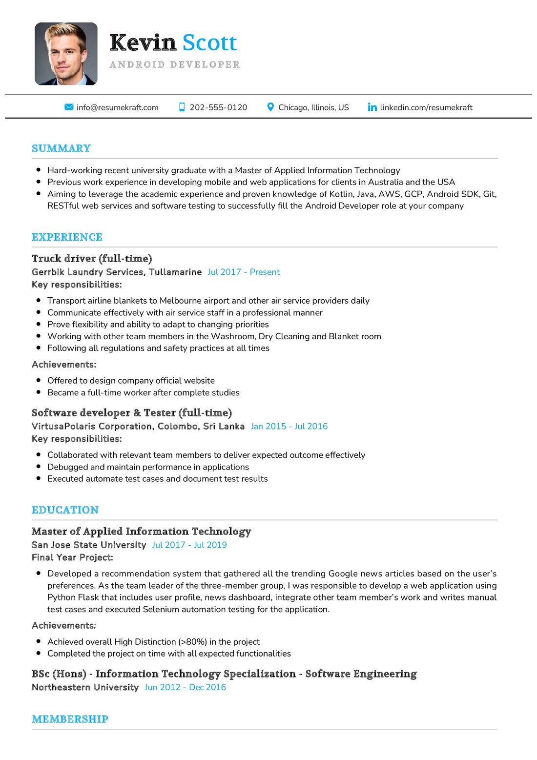 resume format for android developer experienced