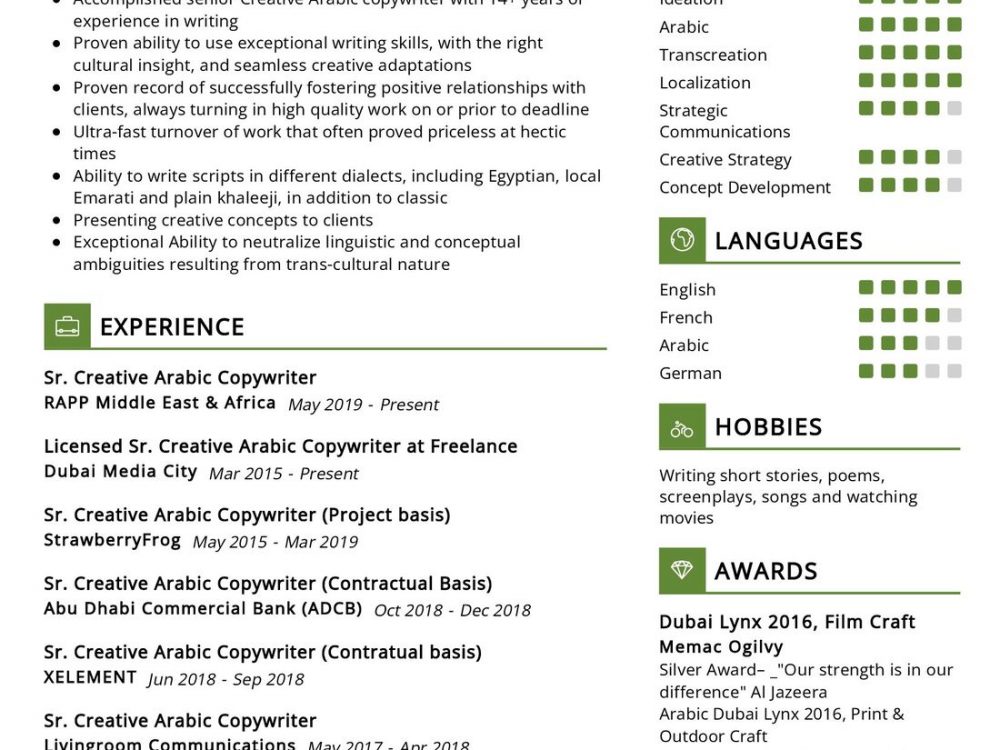 Arabic Copywriter Resume Sample