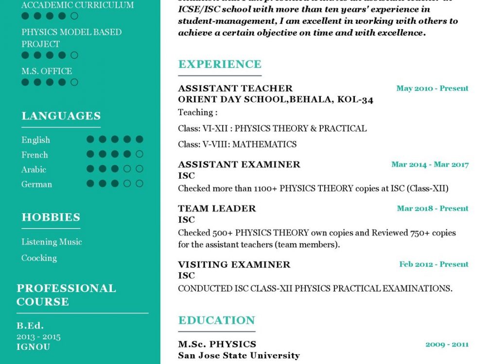 Assistant teacher Resume Sample