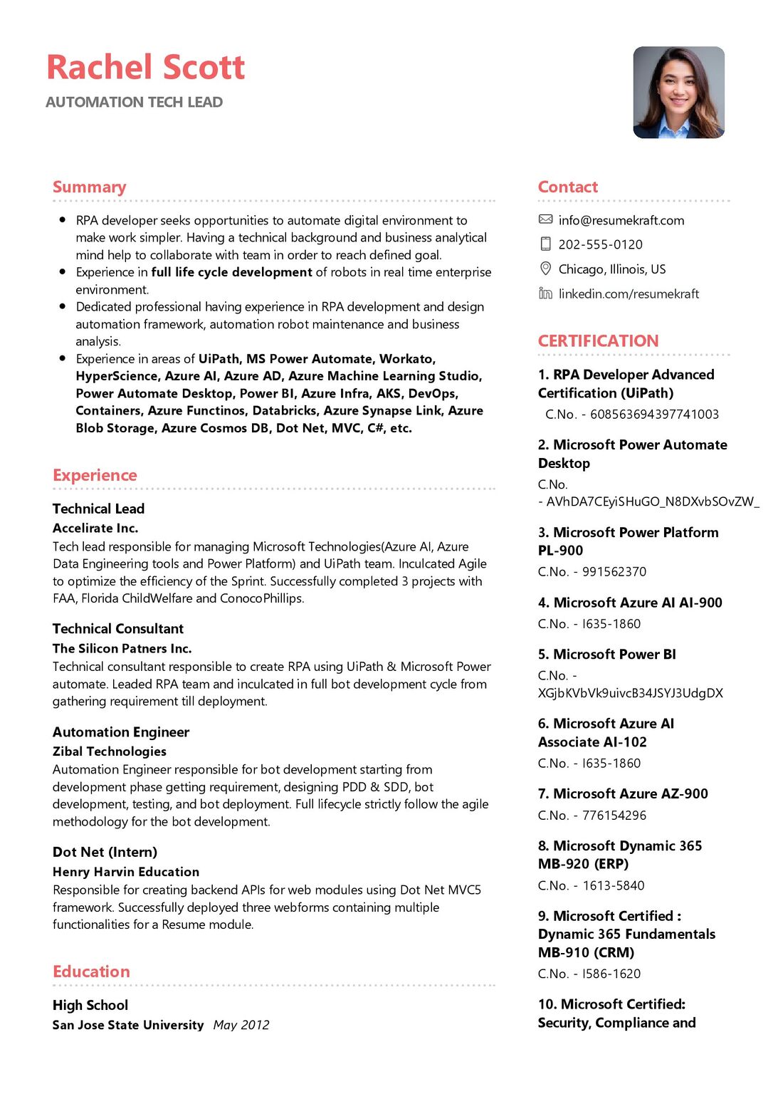 Automation Tech Lead Resume Sample
