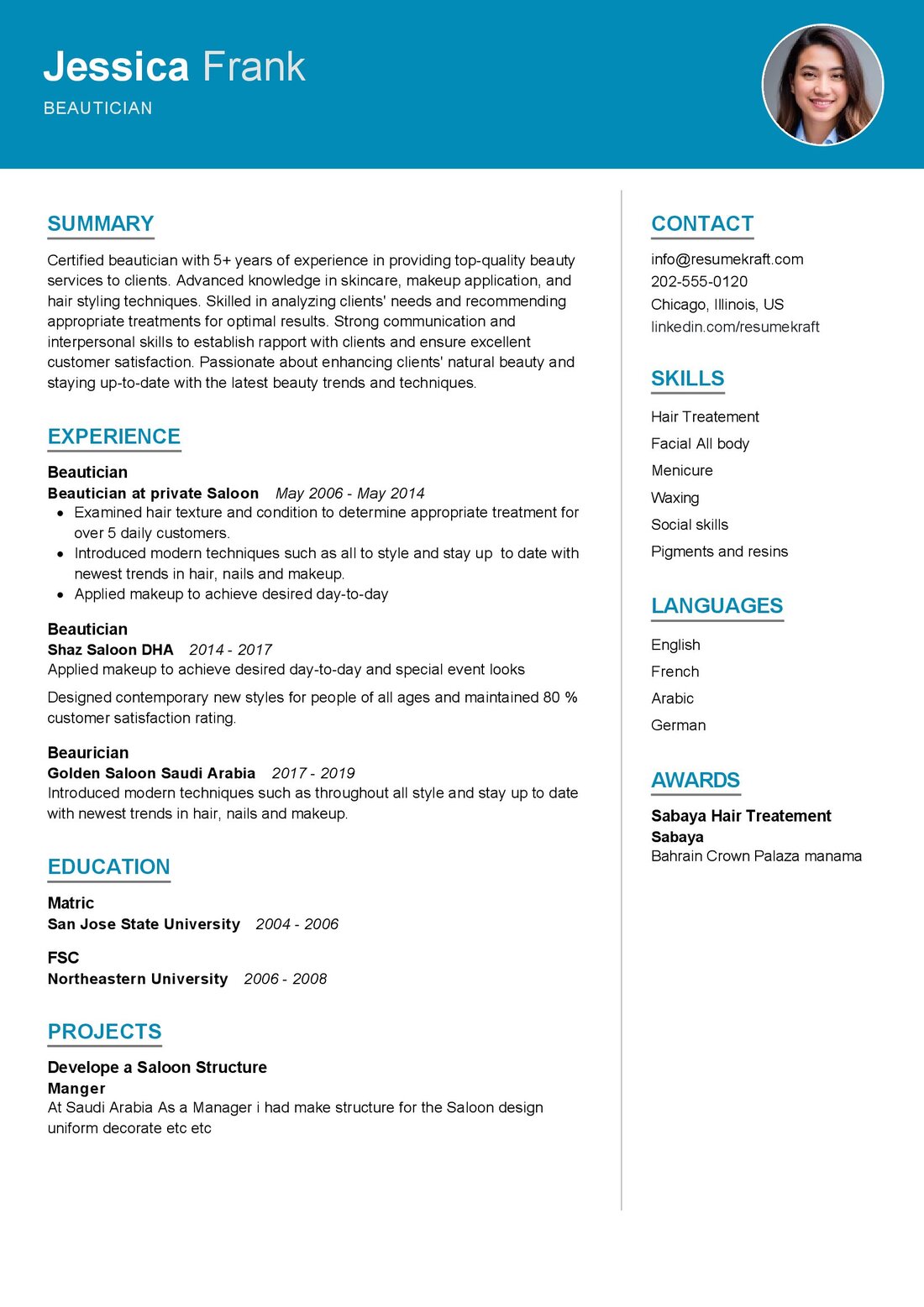 resume sample for beautician job